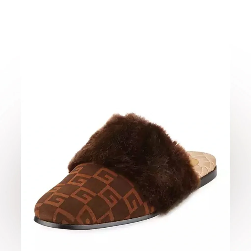 GUCCI Faux Fur Square G Lawrence Slip On Slides Size 8 in Brown